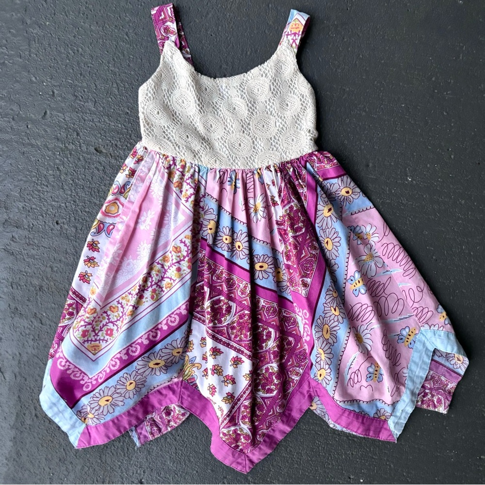 BLUEBERI BOULEVARD Patchwork Handkerchief Hemline Lace Crochet Smocked Sundress